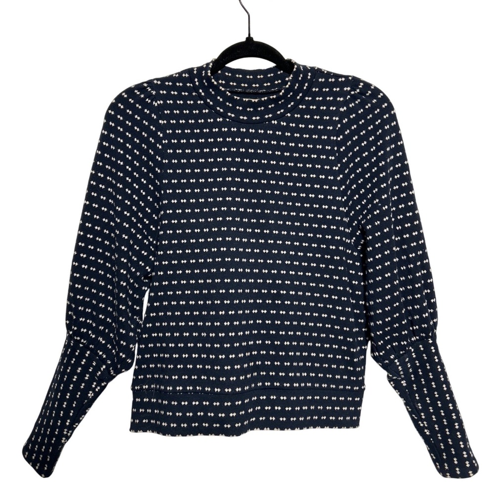 Madewell Mock Neck Puff Sleeve Geometric‎ Print Navy White Sweater Size XS